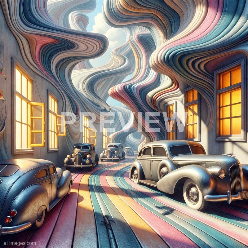 The image depicts a surreal urban scene with a row of vintage cars parked along a street. The buildings and the sky above are distorted with flowing, multicolored, ribbon-like structures that twist and curl dramatically, creating an otherworldly, dreamlike atmosphere. The windows on the buildings emit a warm glow, contrasting with the cool tones of the cars and the vibrant, swirling architecture overhead.